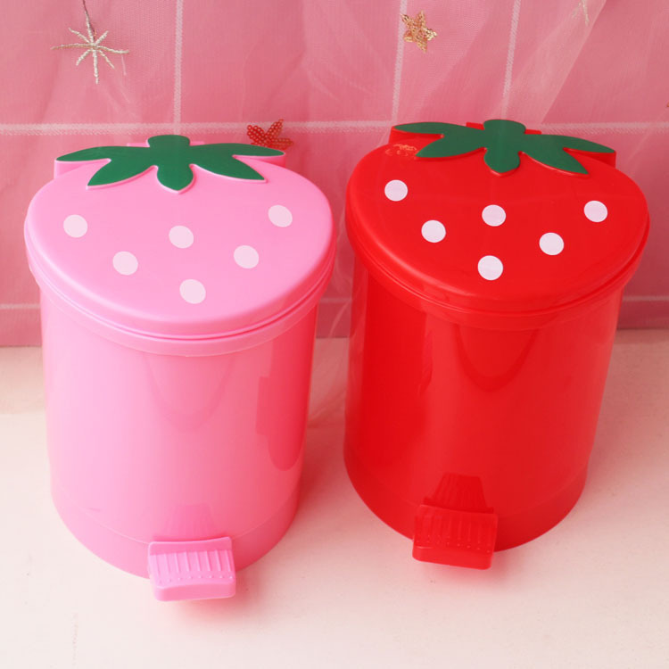 Mini desktop paper basket bucket creative strawberry household pedal flip plastic trash can trolley bedroom storage bucket