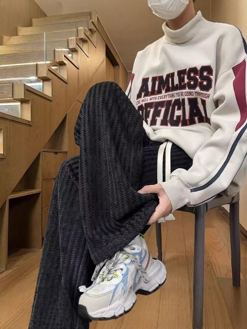 Pantalones deportivos casuales para hombres otoño y invierno marca de moda transfronteriza estriada de punto suelta rectos pesados pantalones