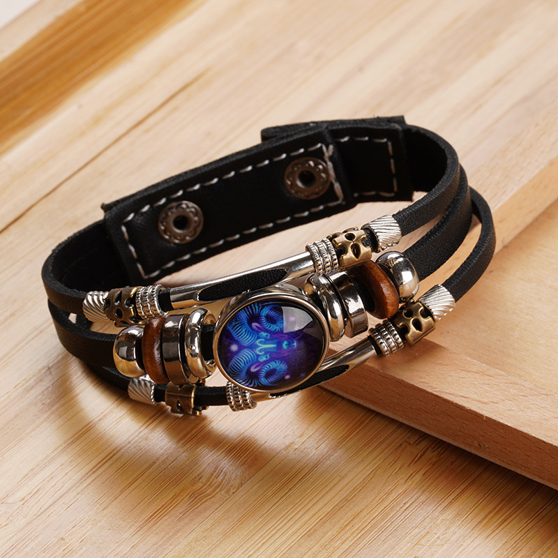 Twelve constellations popular luminous couple leather rope bracelet students cross-border three-layer woven beaded four-button leather bracelet