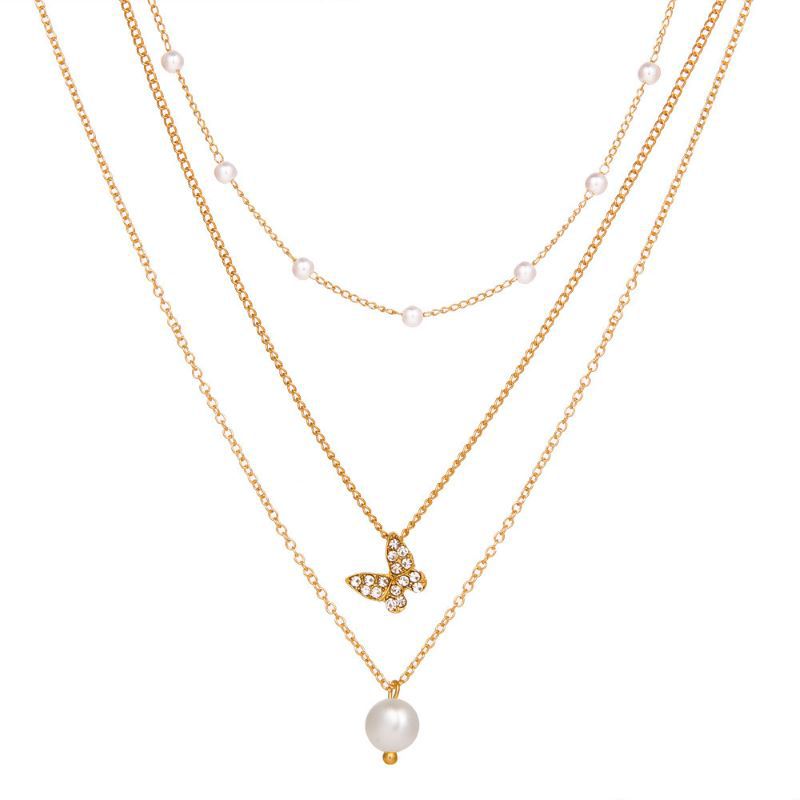 Plating, Inlay Design Elegant Streetwear Butterfly Rhinestones Imitation Pearl Alloy Wholesale Three Layer Necklace