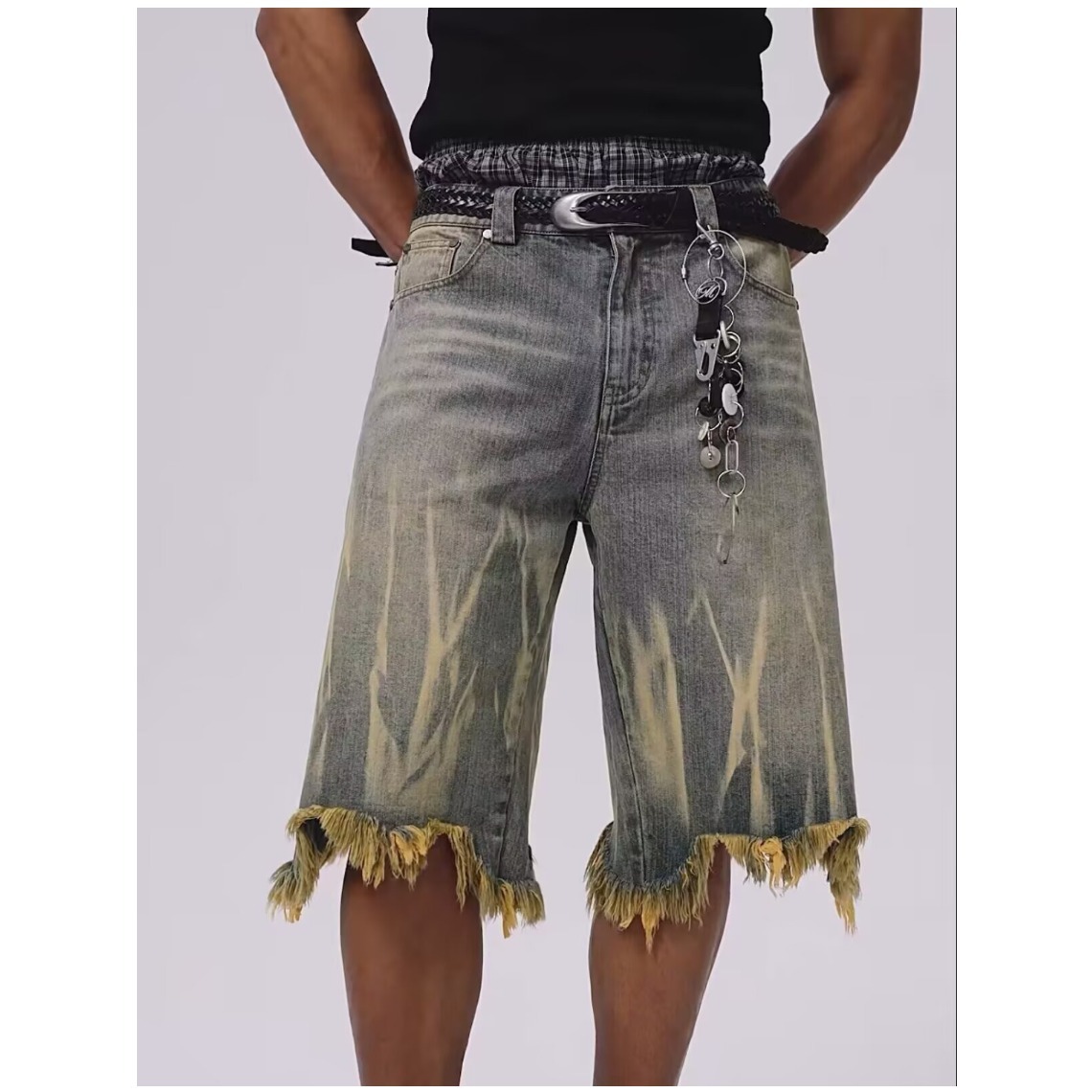 Men's And Women's Trendy Brand Dyed Yellow Mud Washed Distressed Denim Shorts Loose Five Point Style_mkmklike.com