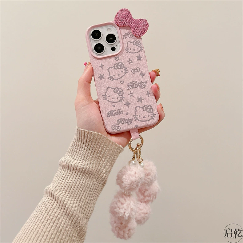 Чехол для телефона Hello Kitty, совместим с iPhone 11–17 серии, 3D бантик, имитационная кожа розовый с ремешком