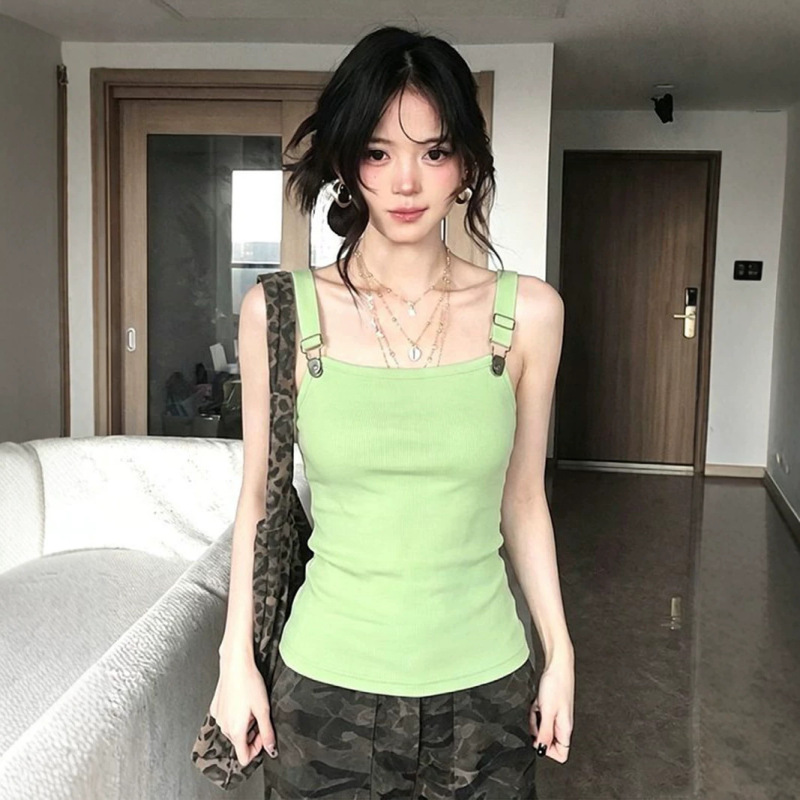 American-Style Green Workwear Camisole for Women, Summer Wear, Slim Fit, Flattering, Sweet and Spicy Style, Short Sleeveless Top