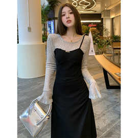 辣妹风斜领假两件法式秋季连衣裙拼接裙子气质打底