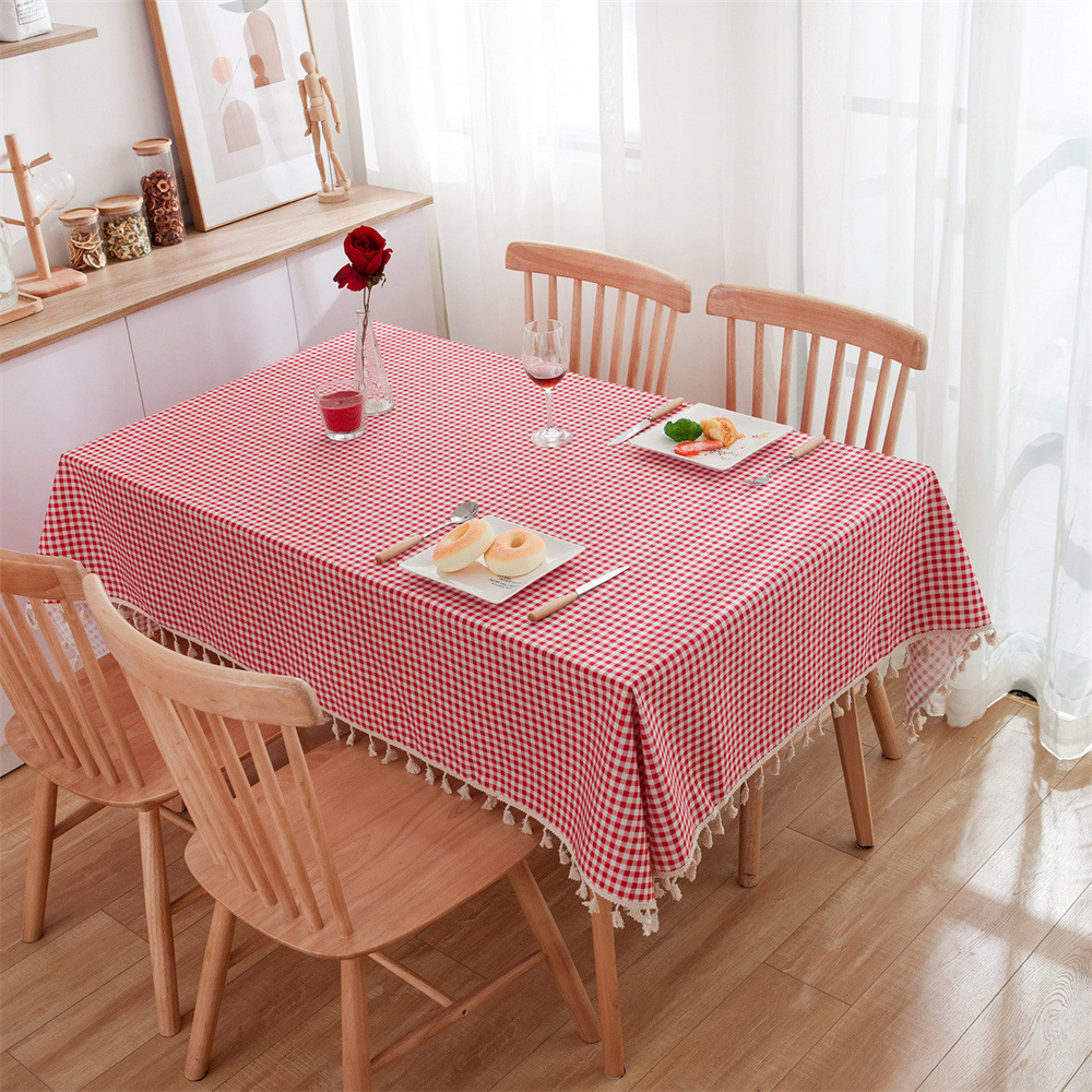 Tablecloth, red checkered with tassels, polyester‑cotton blend, rectangular, sizes 90×90–140×300 cm