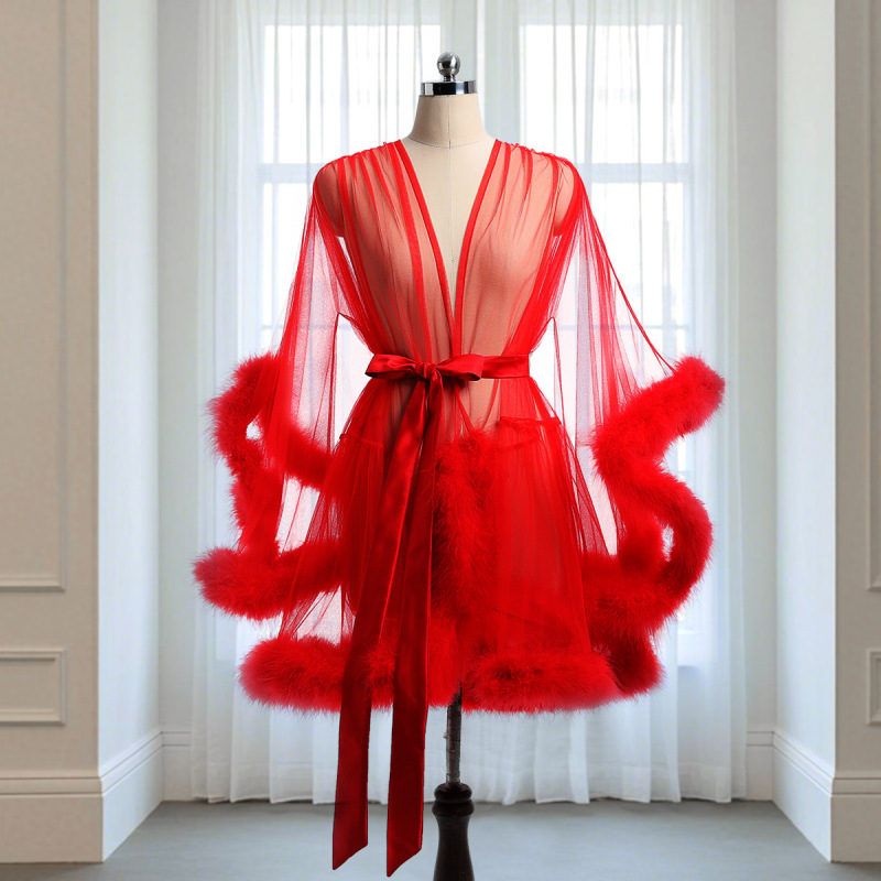 Sexy Transparent Mesh Robe, Bathrobe, Nightgown, See-Through Loungewear, Fur-Trimmed Sleeves, Mid-Length Coat, Custom-Made