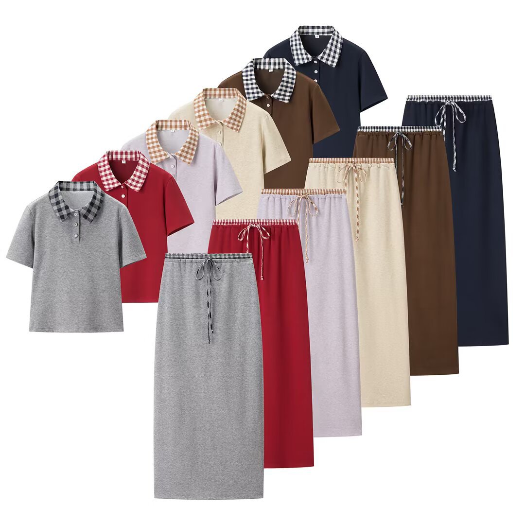 亚马逊批发秋新款拼接Polo短袖领上衣撞色腰迷笛裙套装女5063845