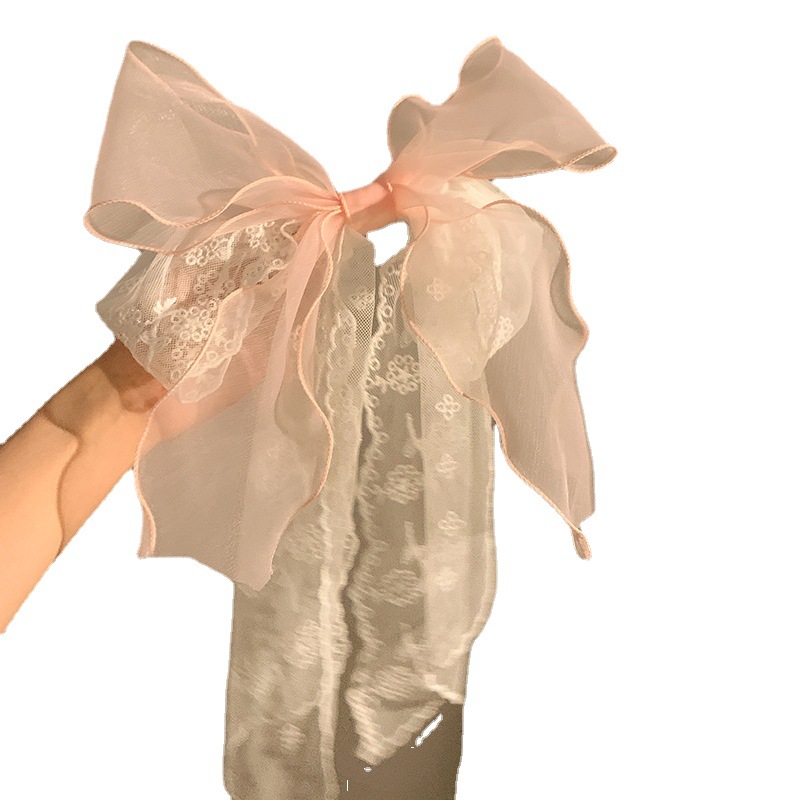 Lace pink printed bow ribbon hairpin women's large back spoon spring clip French temperament hairpin hair accessories_voghion.com