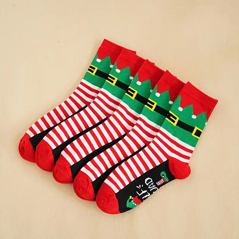Cross-border bestseller: Christmas socks for men, women, and teenagers, winter cartoon red and green design, striped mid-calf socks