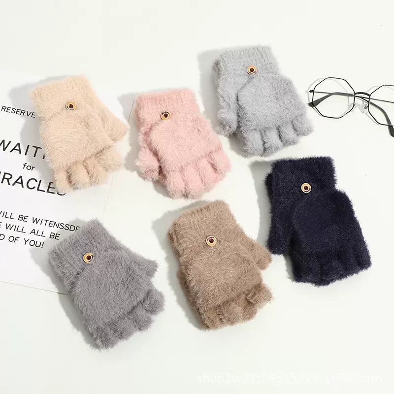 韩版防貂绒半指翻盖手套秋冬季防寒保暖五指户外骑行触屏设计成人