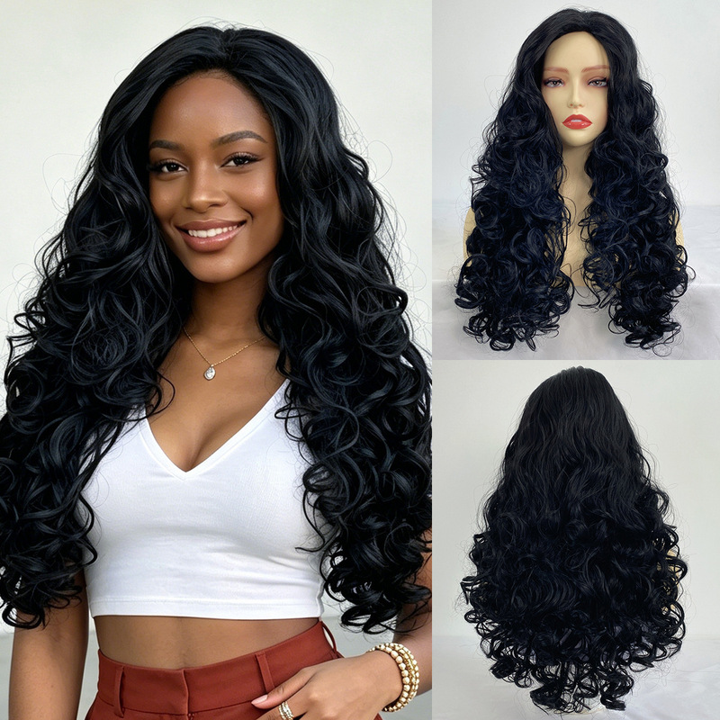 Cross-Border Synthetic Fiber Wigs, African Fashion Small Curly Wigs, European and American Women's Black Middle-Parted Long Curly Hair, Foreign Trade Supplier Cross-Border Synthetic Fiber Wigs, African Fashion Small Curly Wigs, European and American Women's Black Middle-Parted Long Curly Hair, Foreign Trade Supplier