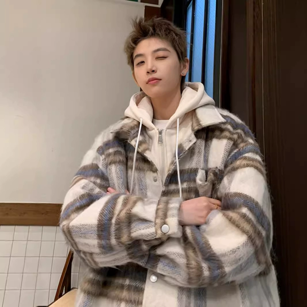 Американский поддельный двухслойный клетчатый пиджак мужской осенне-зимний новый национальный прилив утолщает и теплая ретро шерстяная куртка с капюшоном