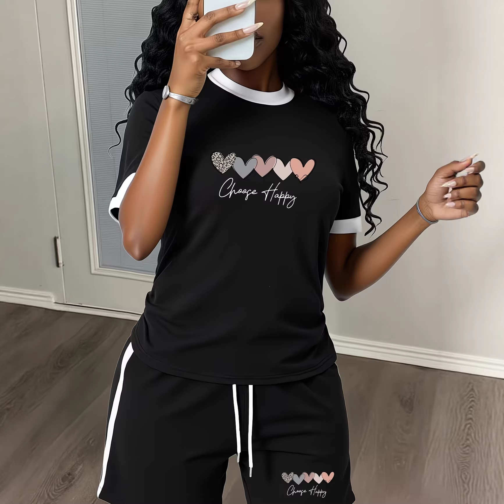 Summer Women's Black White Color Block Set Simple Heart English Print Short Sleeve Top With Shorts_voghion.com