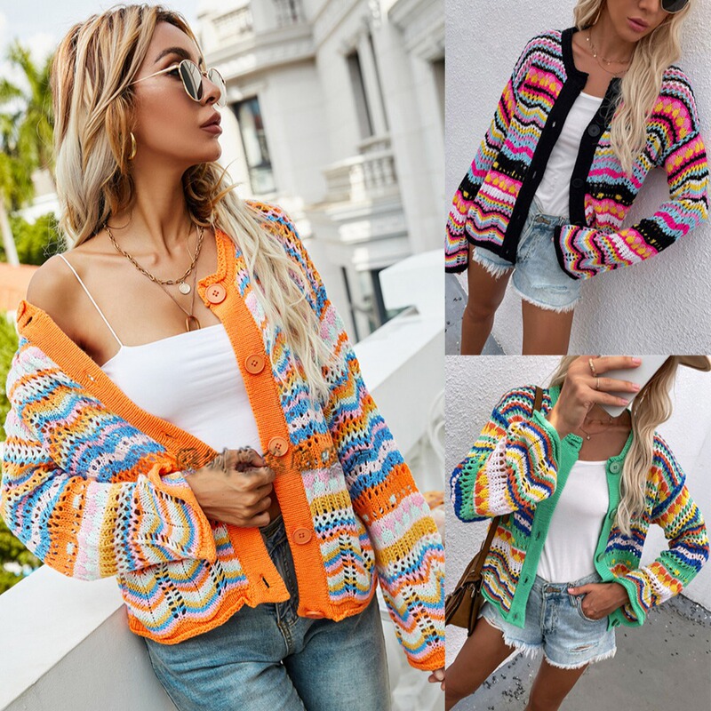 Cross-border autumn and winter Amazon New striped sweater women's loose foreign trade rainbow sweater cross-border Women's cardigan Cross-border autumn and winter Amazon New striped sweater women's loose foreign trade rainbow sweater cross-border Women's cardigan