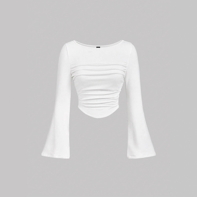 Boat Neck Flare Sleeve Ruched Thickened Easiest for Match White T-Shirt White Top, Winter Women's Top