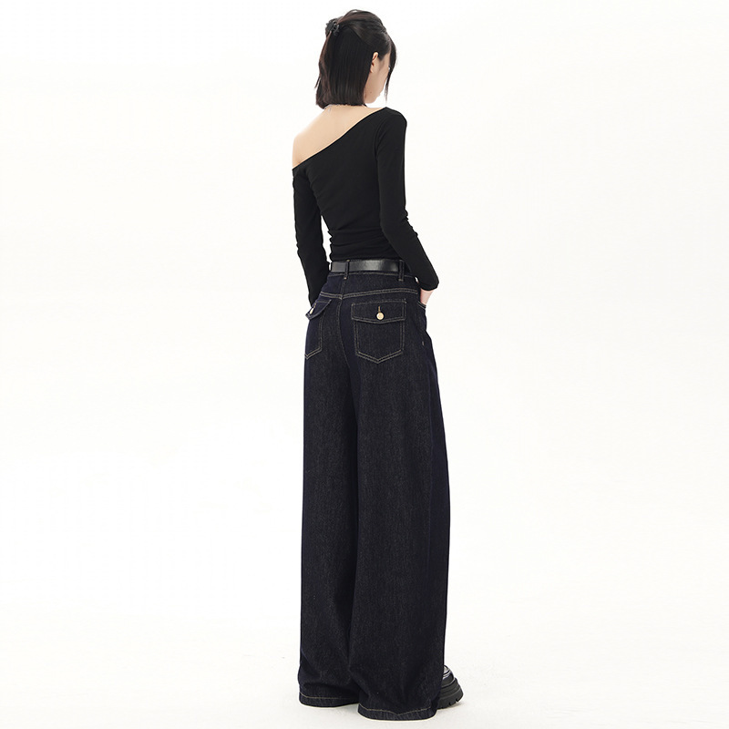 Low-Waisted Wide-Leg Raw Denim Jeans for Women, 2025 Autumn and Winter New Style, American Retro Drapey Lazy Straight-Leg Casual Pants