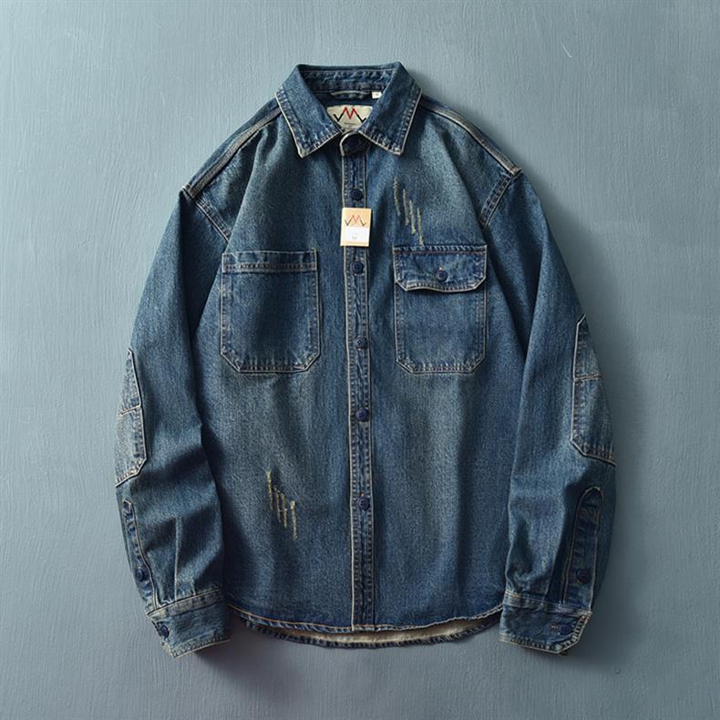 Vintage Washed Denim Overshirt For Men Loose Workwear Jacket_voghion.com