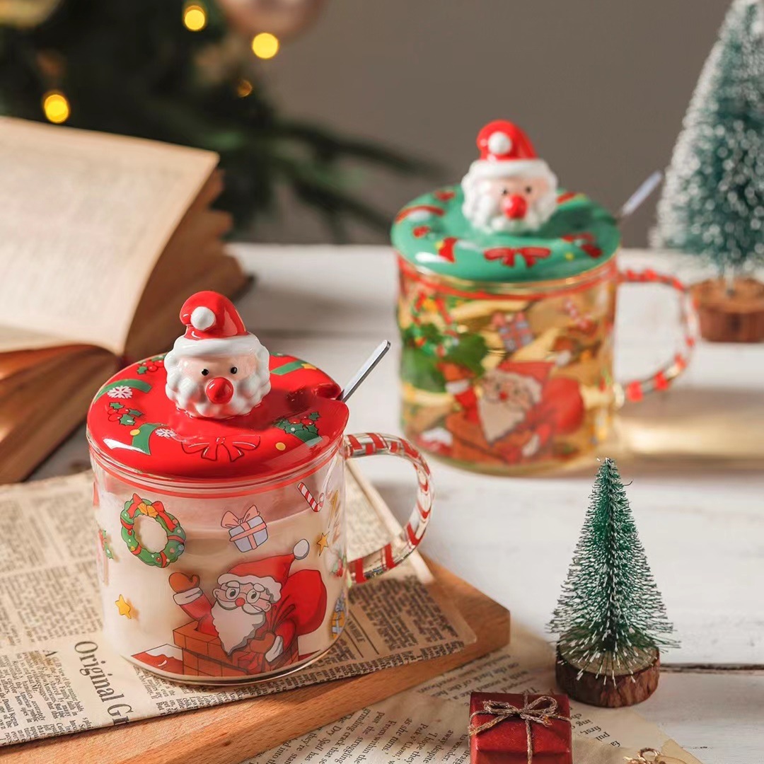 Creativo personalizado Santa Claus regalo vidrio con tapa cuchara Oficina de dibujos animados taza Estilo nórdico beber
