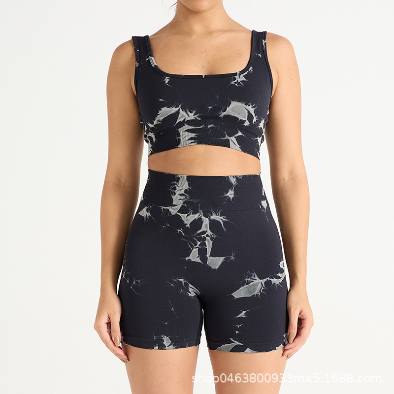 Nuevo traje de yoga de secado rápido de cadera deportivo de cintura alta sin costuras europeo y americano de tres piezas pantalones de yoga de teñido ajustado para mujer