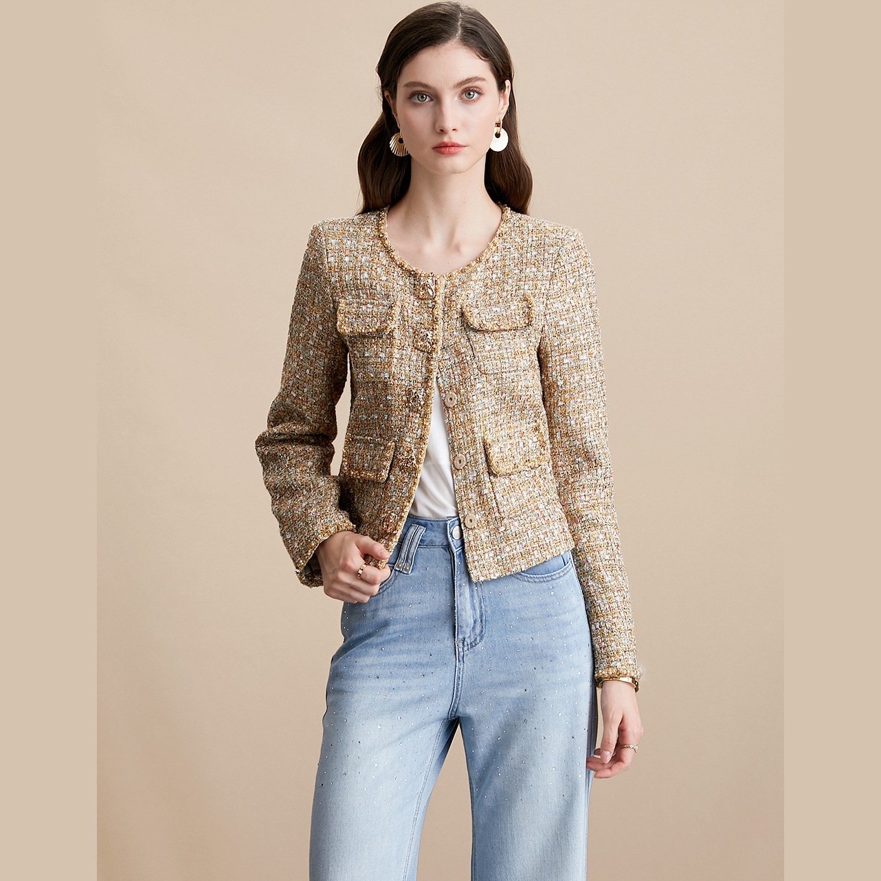 9684 French Style Work Clothing Heavy Sequin Mixed Color Tweed Short Jacket