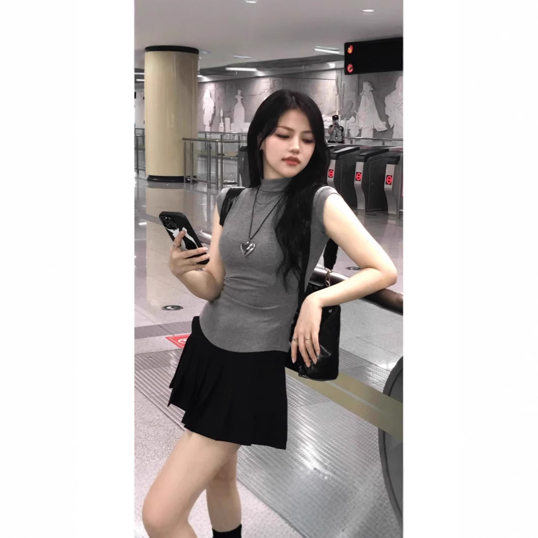 아메리칸 니치 디자인 퓨어 러스티 핫걸 스타일 여성용 반팔 티셔츠 하프 터틀넥 앤트 웨이스트 조끼 패션 탑