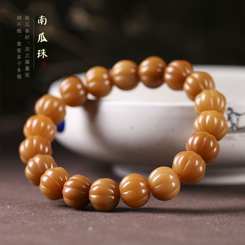 Weathered Yellow Bodhi Pumpkin Beads Bracelet Bodhi Root Rosary Good Luck Fu Zhao Hand Play Single Circle Bracelet for Men and Women