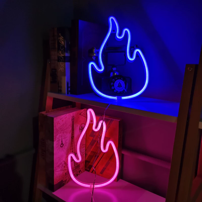 Неоновая лампа-пламя LED, цветная форма огня, питание батарея и USB, 18×28 см