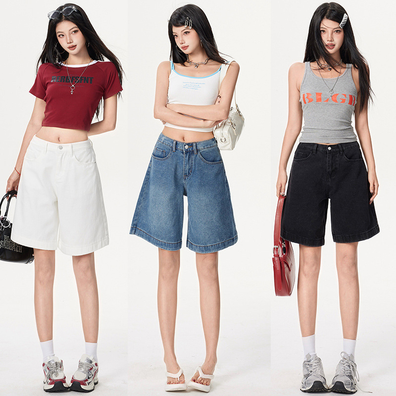 Vintage Style Hot Girl Elastic Waist Denim Shorts for Women, Summer Loose Straight Wide-Leg Mid-Length Shorts