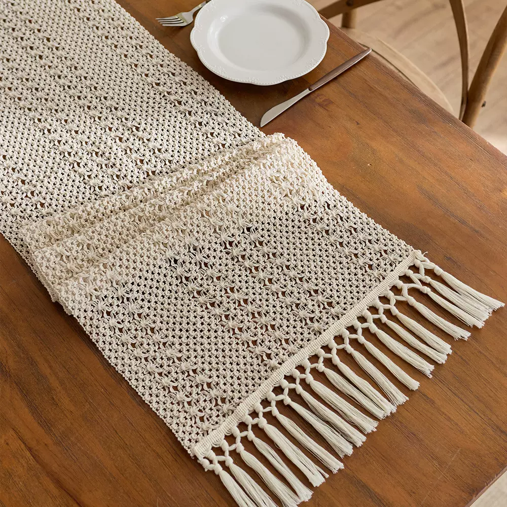 奶油风米字纹桌旗流苏镂空编织美式乡村农舍派对餐桌茶几装饰桌布