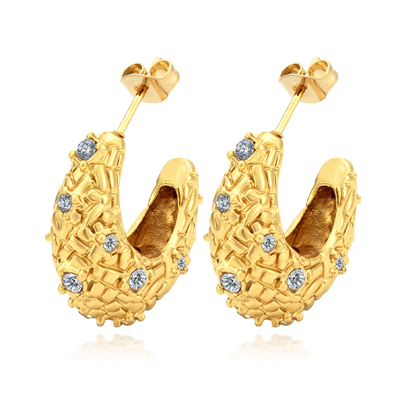 Estilo francés europeo y americano Luz de lujo retro Senior diseñador pendientes 18K chapado en oro de acero inoxidable diamante en forma de U ins estilo de las mujeres