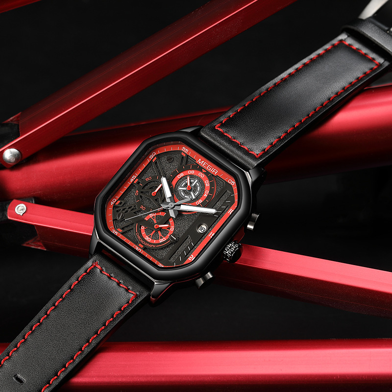 Men's Square Watch Trendy Multifunctional Chronograph Quartz Genuine Leather Watch_voghion.com