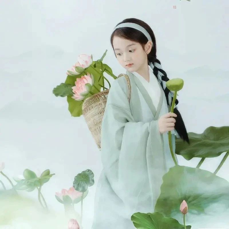 Детский костюм ханьфу в древнем стиле с атмосферой династий Вэй и Цзинь, с узором Цинпин, подходит для девочек, одинаковый для родителей и детей, с большими рукавами и дизайном с перекрестным воротником.