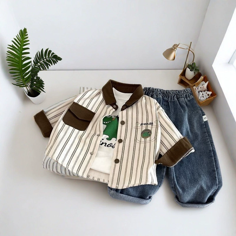 Детская одежда для мальчиков, весенне-осенние костюмы, новые рубашки с мультяшными принтами для малышей весна 2025, модный трехкомплектный набор для малышей