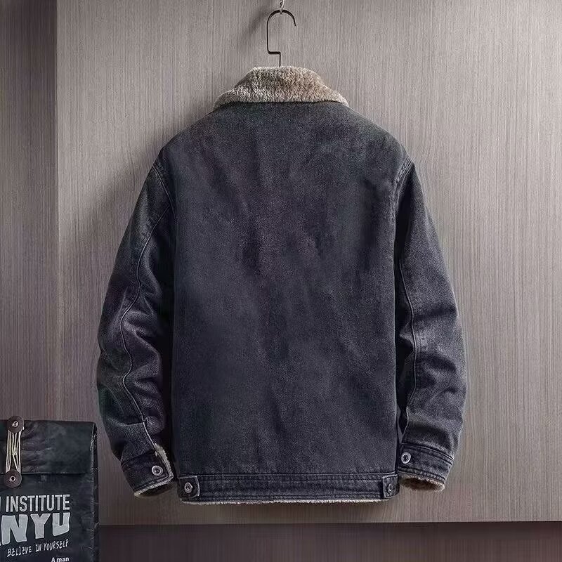 牛仔夹克棉服男韩版潮流修身刺绣仿羊羔绒毛领外套帅气青年加厚冬|undefined