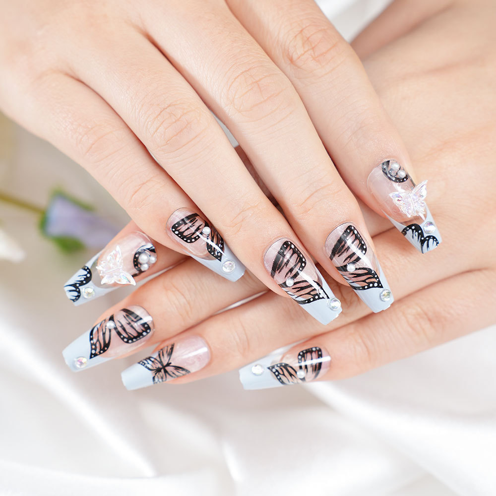 Popular Foreign Trade Dreamy Blue Butterfly 24-Piece Dot Diamond Outline Patchwork Wearable Nails Detachable Nail Stickers Nail Art Pieces
