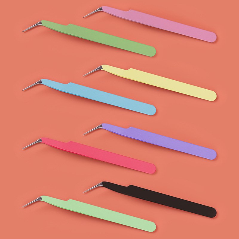 Pinzas para pestañas de acero inoxidable, punta curva, rosa