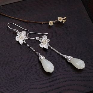 S925 Sterling Silver Earrings Natural Hetian Jade Magnolia Orchid Earrings Vintage Simple Elegant Women's Anti-allergy Earrings Fairy