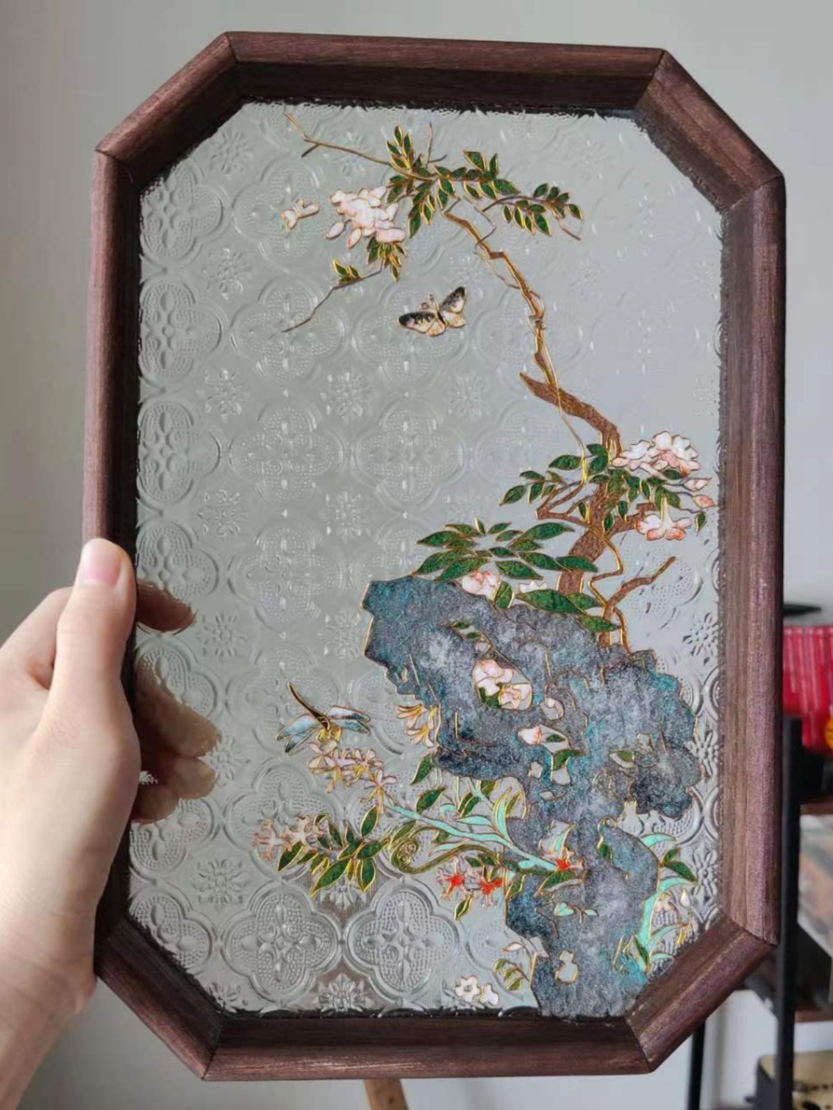 CLOISONNE ENAMEL DIY 트레이 베고니아 양각 유리 복고풍 직사각형 나무 차 트레이 보관 장식품 인세 트레이