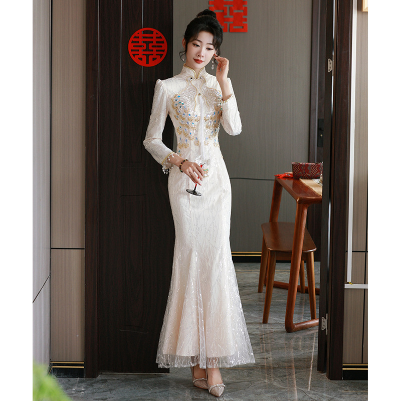 Heavy Embroidered Cheongsam Toast Dress New Chinese Style Light Luxury Champagne Color Long Bridal Engagement Dress Fishtail Evening Dress