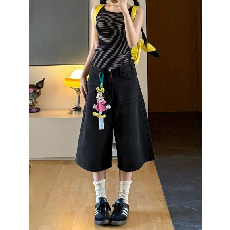 Black Straight-Leg Denim Capri Pants for Women, Summer New Style, Plus-Size, Flattering for Pear-Shaped Body, Loose Wide-Leg Pants Black Straight-Leg Denim Capri Pants for Women, Summer New Style, Plus-Size, Flattering for Pear-Shaped Body, Loose Wide-Leg Pants