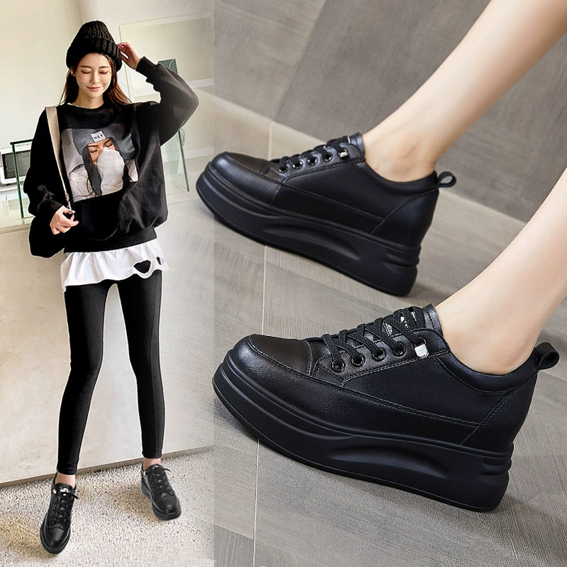 LJY кожаные маленькие черные туфли женские дикие кексы увеличены на 8 см