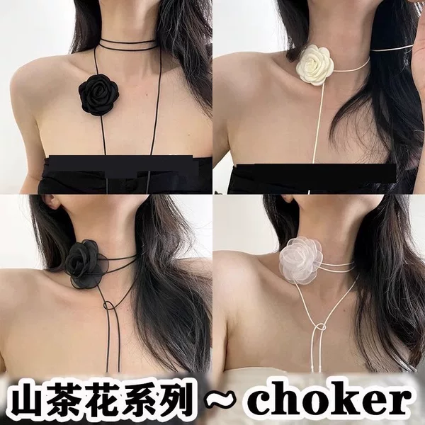 Black and White Flower Necklace Chain Rose Choker Neck Necklace Necklace Women's Neck Collar Camellia Flower Clavicle Chain