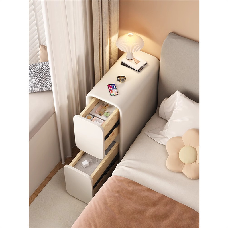 Extremely Narrow Bedside Table 2024 New Small Simple Modern Ultra Narrow Gap Solid Wood Storage Cabinet Cream Style Bedside Cabinet