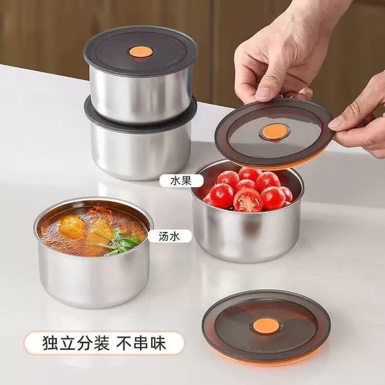 不锈钢带盖子保鲜碗家用冰箱收纳保鲜盒厨房圆形食材分装盒野餐盒|undefined