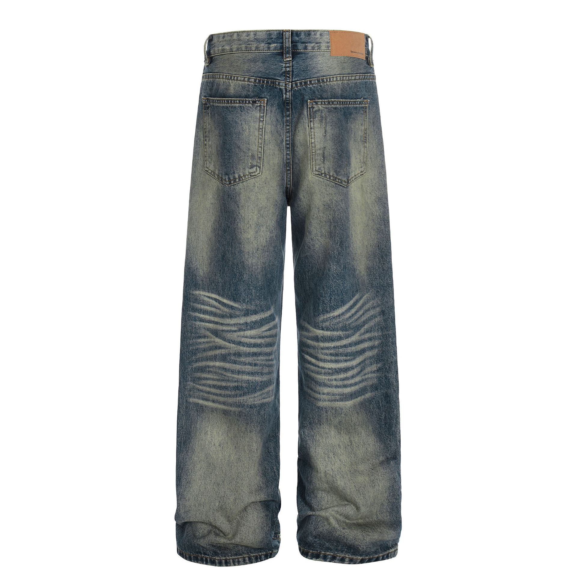 Premium Washed Retro Old Blue Denim Jeans Loose Fit High Street Style For Men And Women_voghion.com