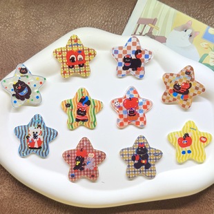 [Large Size] Acrylic Autumn and Winter New Retro Five-Pointed Star Plaid Kitten Cartoon DIY Hairpin Accessories Ins Available