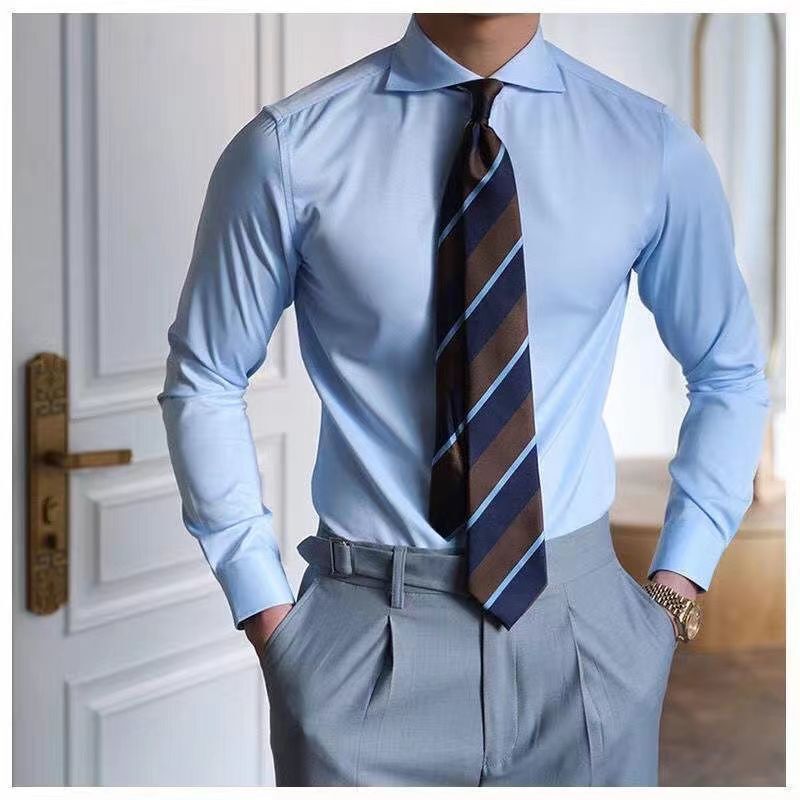 Solid Color French-Style Shirt with a One-Line Collar, Long-Sleeved, Hard-Collared, Wrinkle-Resistant, No-Iron Windsor Collar, New Business Style for Men Solid Color French-Style Shirt with a One-Line Collar, Long-Sleeved, Hard-Collared, Wrinkle-Resistant, No-Iron Windsor Collar, New Business Style for Men