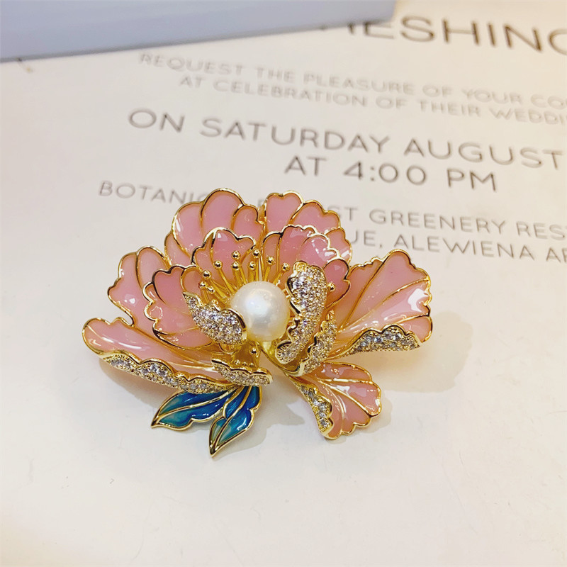 Classical Enamel Peony Flower Brooch Natural Freshwater Pearl Exquisite High-grade Chinese Style Cheongsam Hanfu Accessories Pin