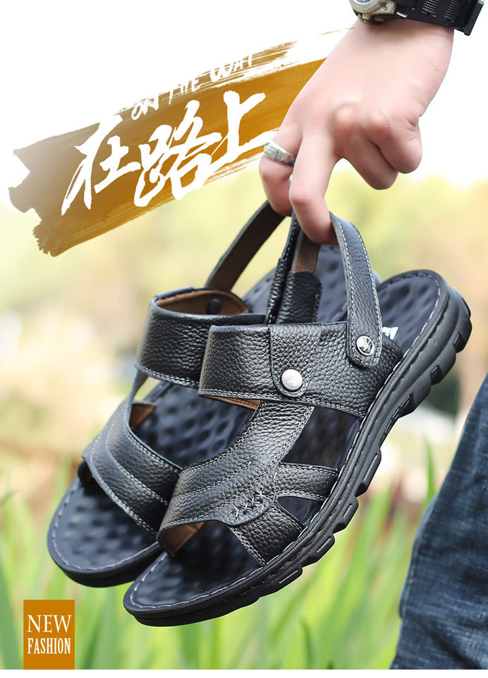 Dép sandal nam da bò đế dày mềm, quai ngang thoáng khí, đi biển và đi chơi hằng ngày — Màu nâu, màu đen chi tiết 2