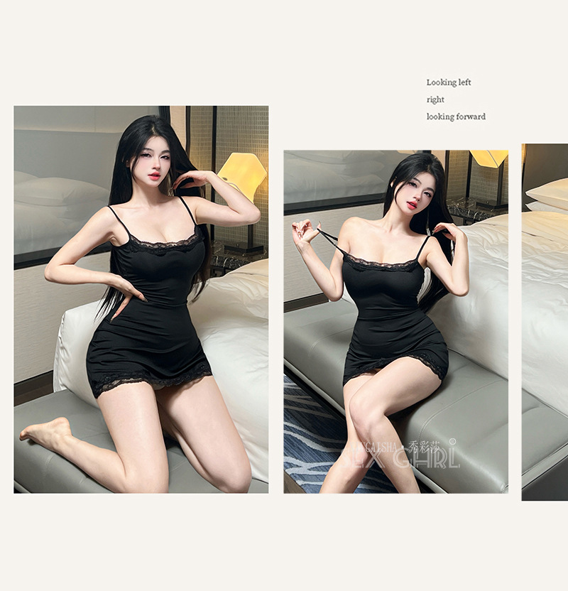 Xiuaisha Lace Suspender Skirt Pajama Set – Sheer Babydoll Style, One Size, Black — detail image 24